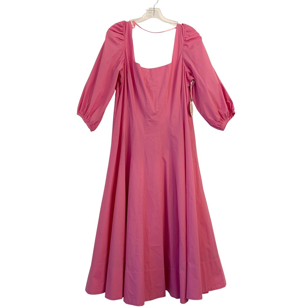 STAUD Swells Dress 16 Midi Puff Sleeve Cotton Poplin Wild Orchid Wedding FLAW - Picture 3 of 16